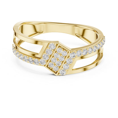 Riora modern CZ split shank geometric ring in gold, rose, and silver with statement design for anniversary or special occasions.