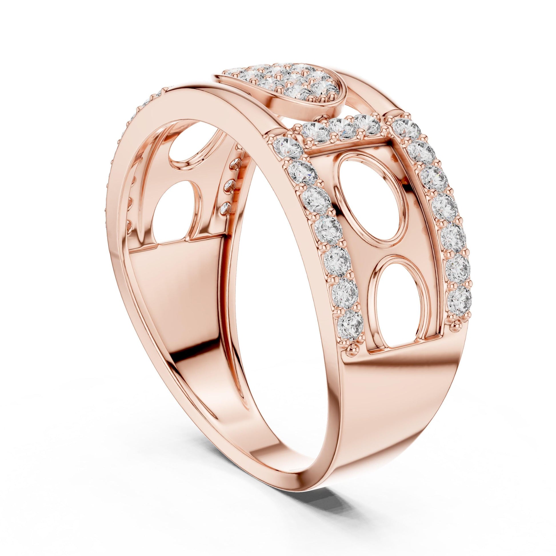 Riora wide CZ eternity band ring in rose gold and silver, hypoallergenic statement jewelry with sparkling stones.