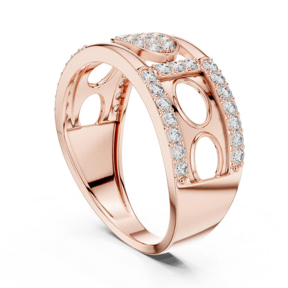 Riora wide CZ eternity band ring in rose gold and silver, hypoallergenic statement jewelry with sparkling stones.