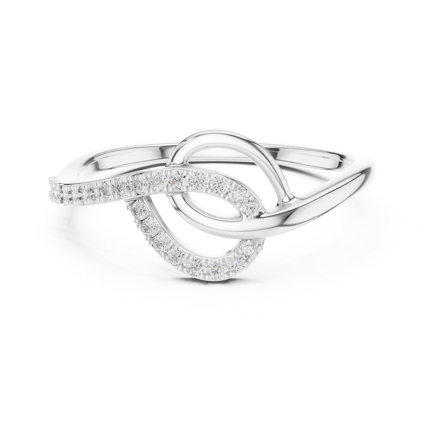 Riora Infinity Moissanite ring with twisted knot design in rose gold and silver, romantic engagement or gift jewelry.