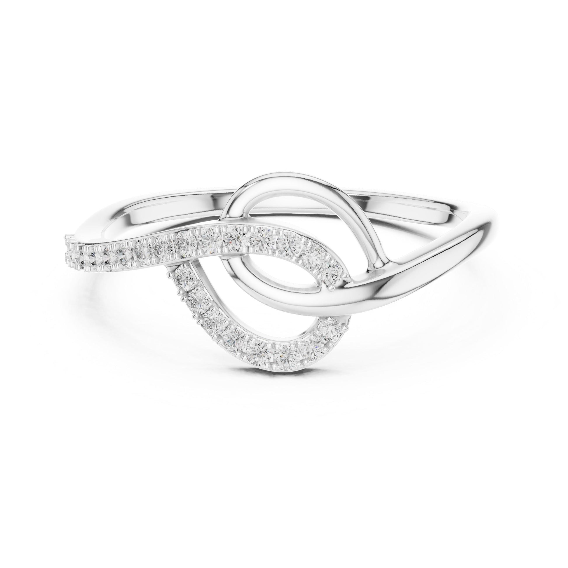 Riora Infinity Moissanite ring with twisted knot design in rose gold and silver, romantic engagement or gift jewelry.