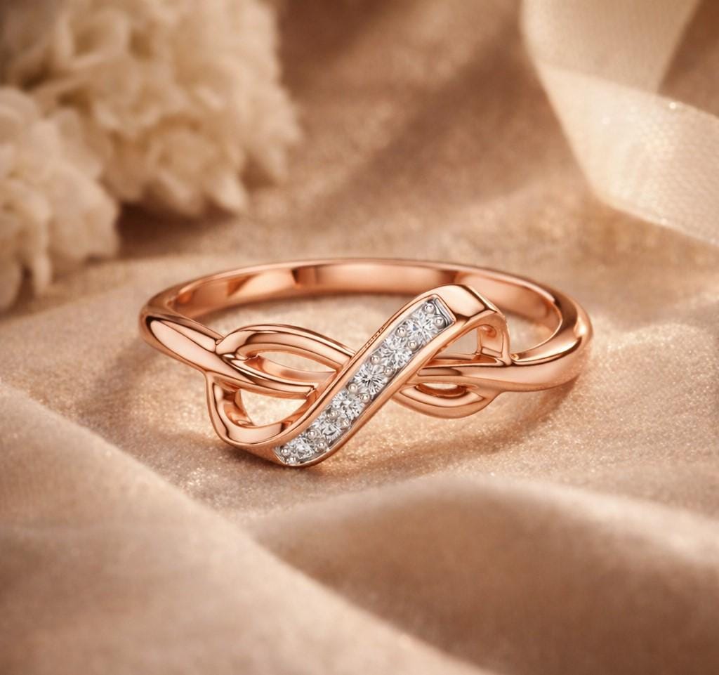 Riora infinity knot moissanite diamond ring, dainty minimalist promise band with stackable design and elegant infinity symbol.