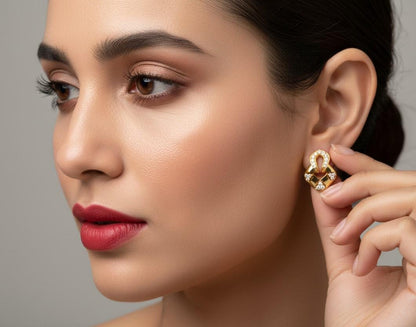 Riora moissanite stud earrings in gold, rose, and silver with diamond-like sparkle, hypoallergenic and nickel-free jewelry for women