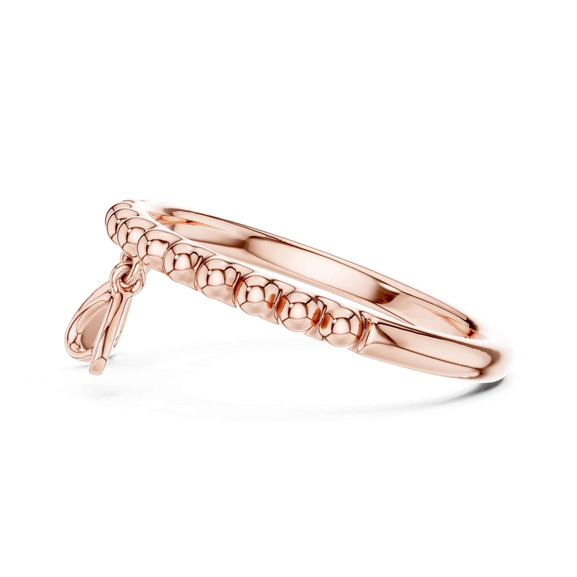 Rose gold moissanite heart charm ring with beaded band, dangle design, romantic jewelry by Riora, elegant and minimal.