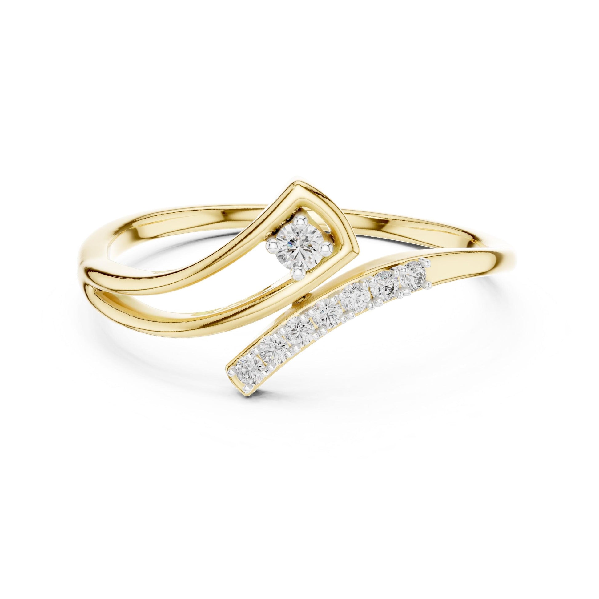 Riora Moissanite Wave Ring with curved open design in silver, gold, and rose gold featuring minimalist diamond-style accents.