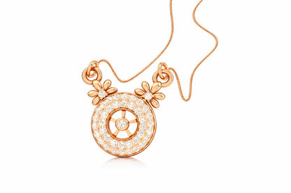 Rose gold moissanite halo pendant necklace with floral design and circle charm, elegant bridal jewelry by Riora.