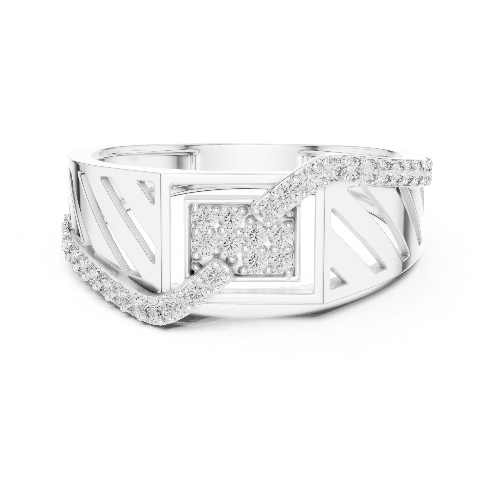 Riora geometric wave CZ wide band ring in gold and silver, hypoallergenic luxury jewelry for anniversary or Valentine gift.