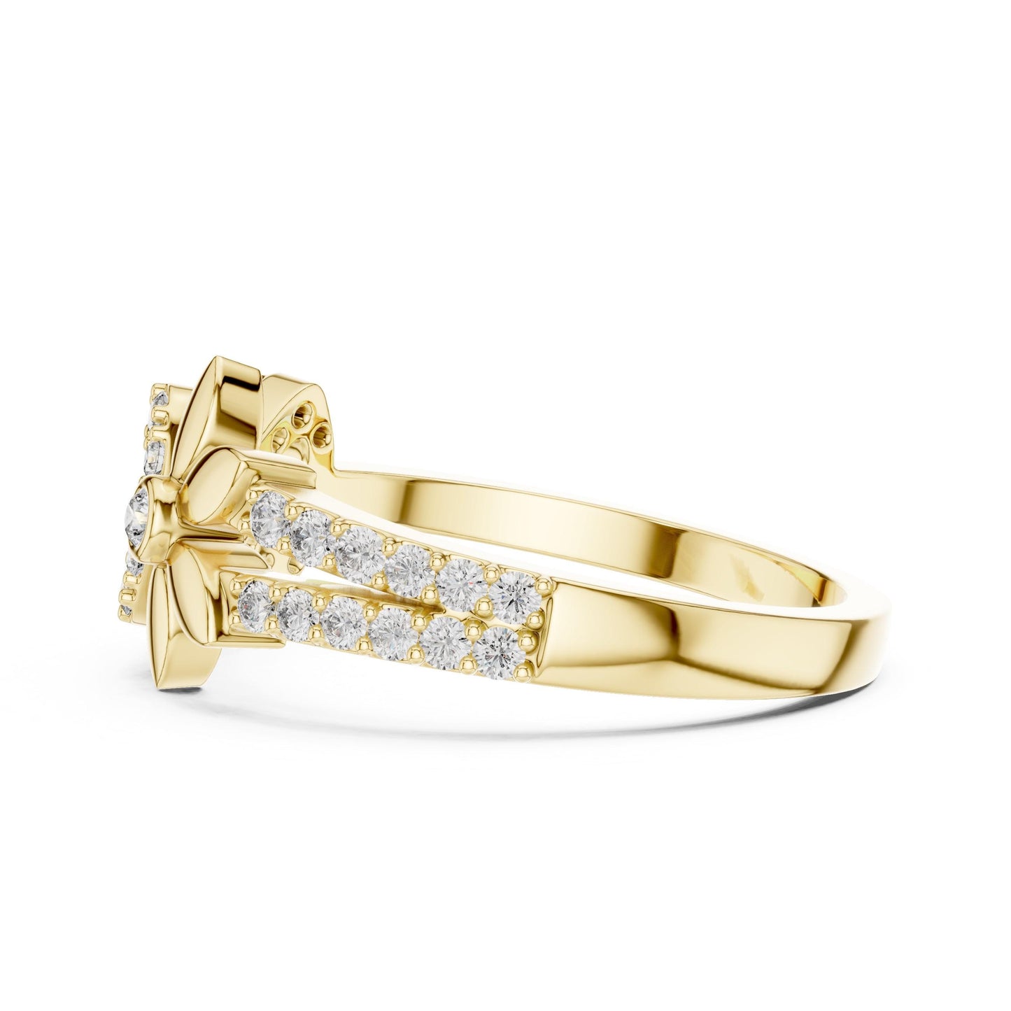 Gold infinity flower ring with moissanite diamonds, minimalist floral design, elegant engagement or promise ring by Riora.