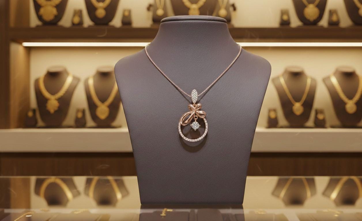 Silver Bow Pendant  Rose Gold Circle, Adjustable Chain Moissanite Necklace