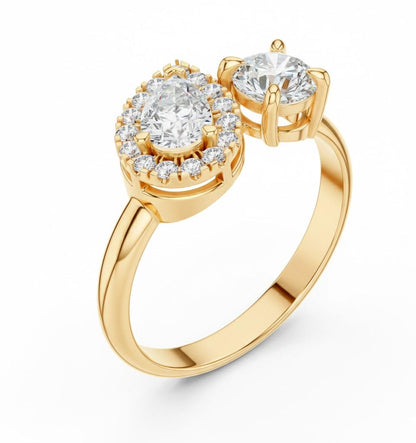 Two Stone CZ Ring | Pear & Round Halo | Gold, Rose Gold & Silver