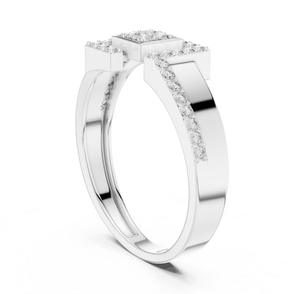 Elegant gold and silver moissanite geometric minimalist ring with dainty band, modern jewelry for engagement or promise occasions.