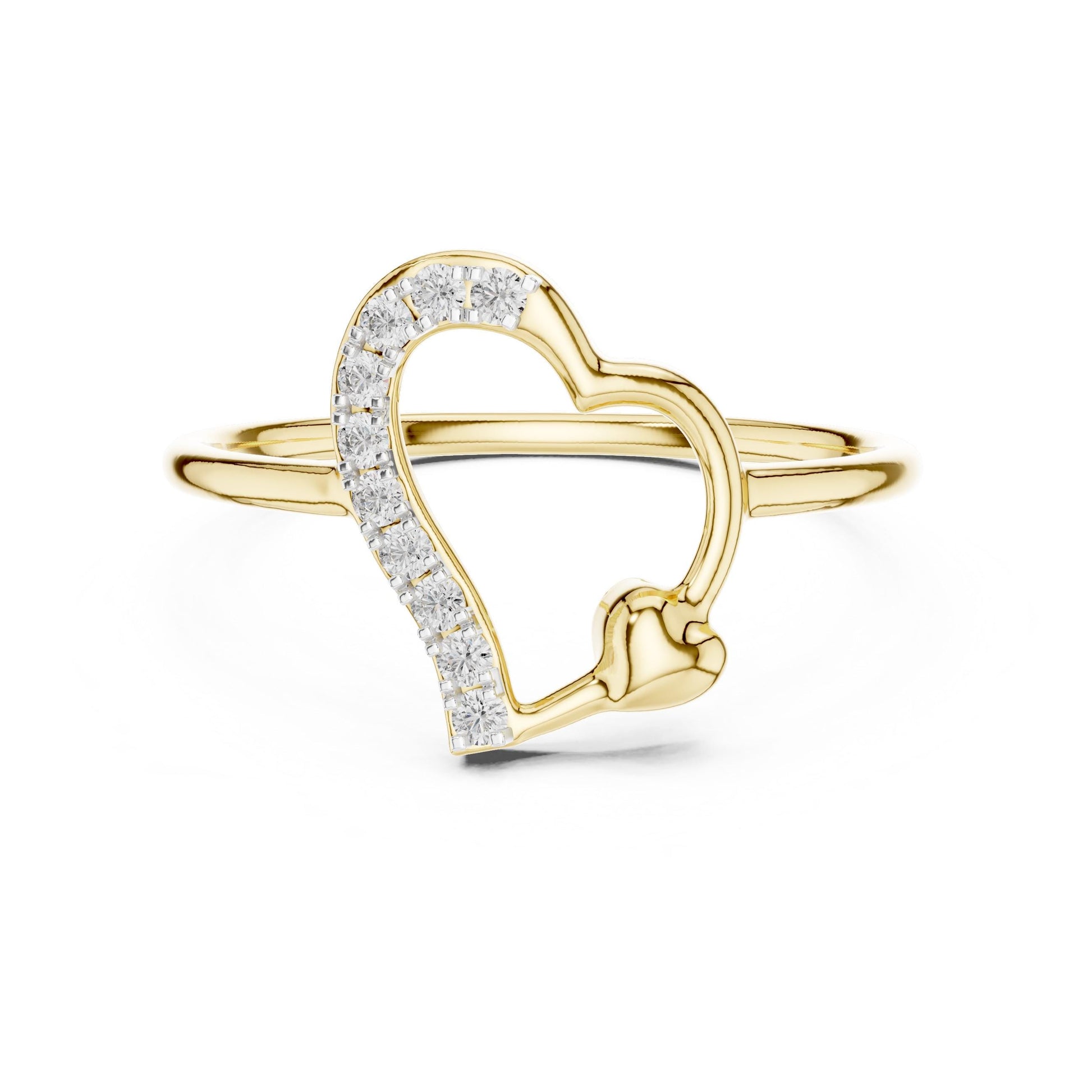 Riora moissanite heart ring with open band in rose gold and silver, minimalist romantic jewelry for women.