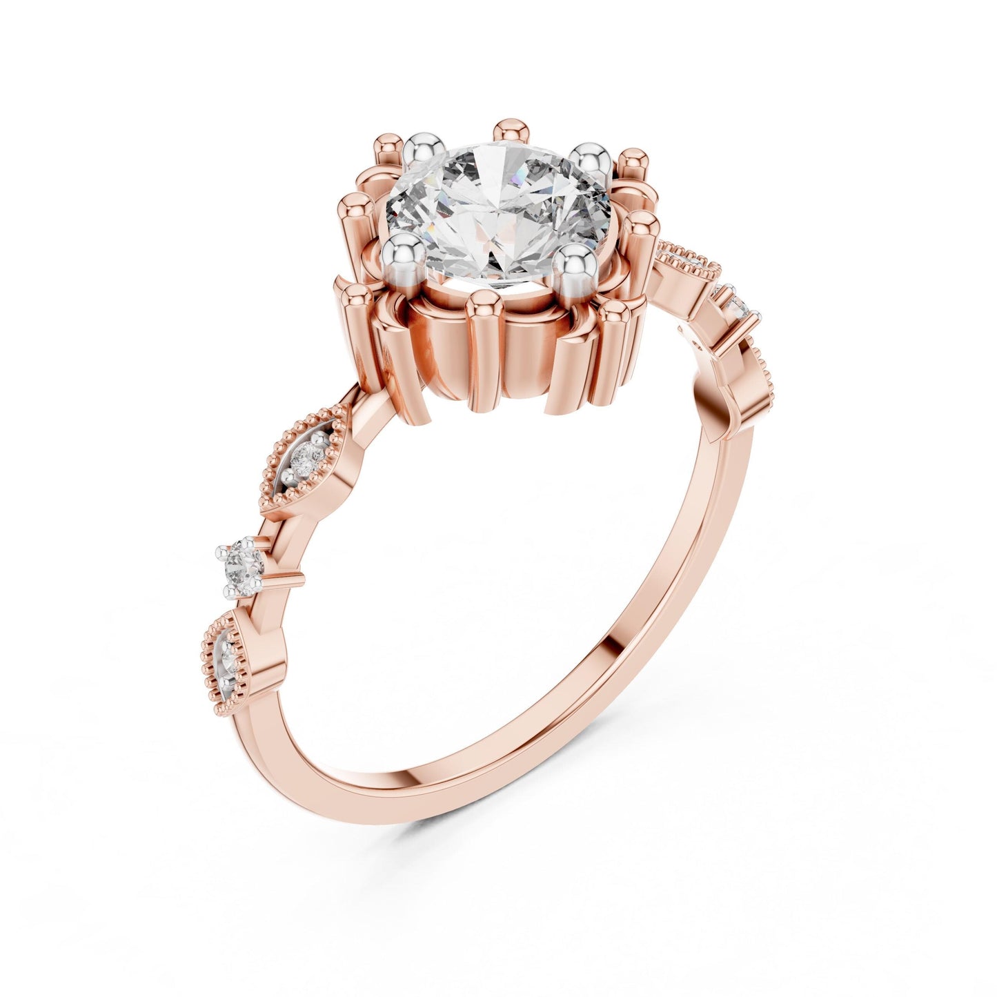 Riora floral moissanite engagement ring with round cut gemstone, rose gold band, antique-inspired bridal wedding ring display