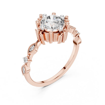 Riora floral moissanite engagement ring with round cut gemstone, rose gold band, antique-inspired bridal wedding ring display