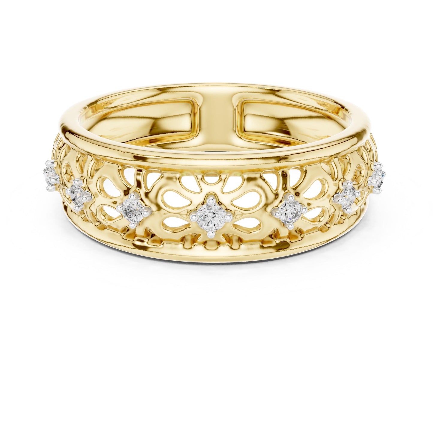 Vintage floral moissanite wedding band in rose gold with delicate diamond-style design, ideal for bridal stacking.
