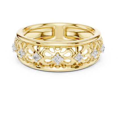 Vintage floral moissanite wedding band in rose gold with delicate diamond-style design, ideal for bridal stacking.