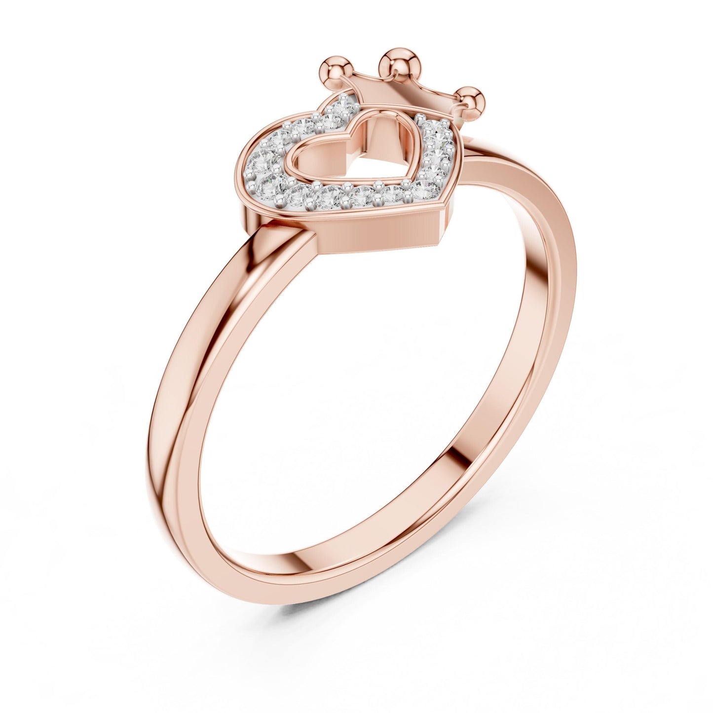 Riora Royal Heart Crown Moissanite Ring in rose gold, featuring a princess cut center stone and romantic band design.
