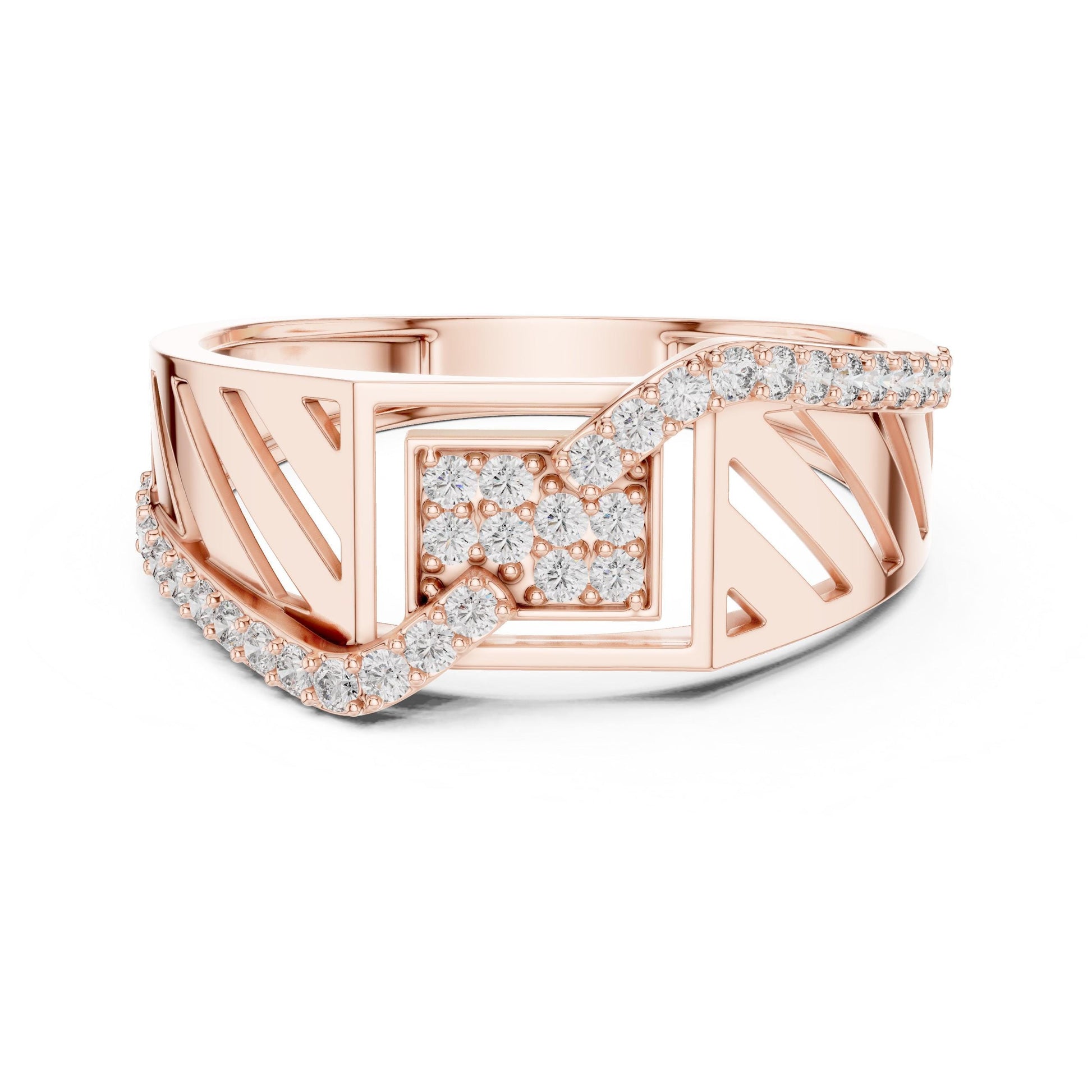 Riora geometric wave CZ wide band ring in gold and silver, hypoallergenic luxury jewelry for anniversary or Valentine gifts.