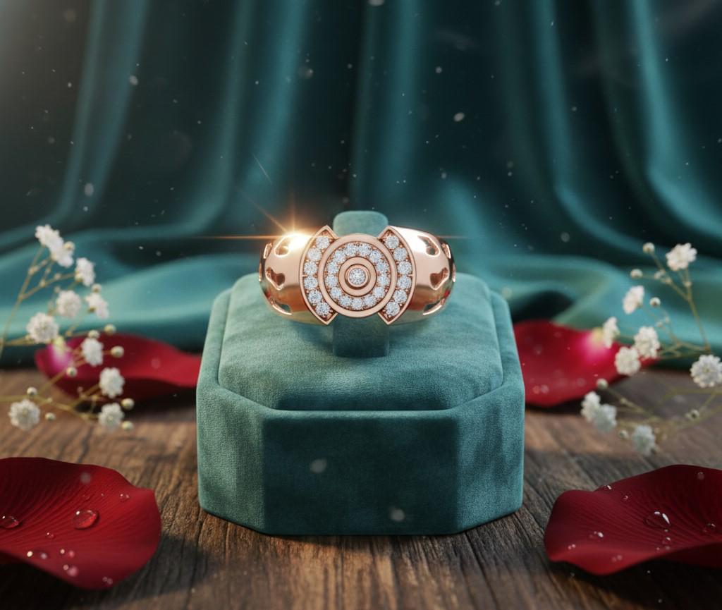 Riora luxury halo moissanite diamond engagement ring in gold rose finish, bridal wedding jewelry with statement design.