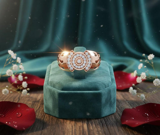 Riora luxury halo moissanite diamond engagement ring in gold rose finish, bridal wedding jewelry with statement design.