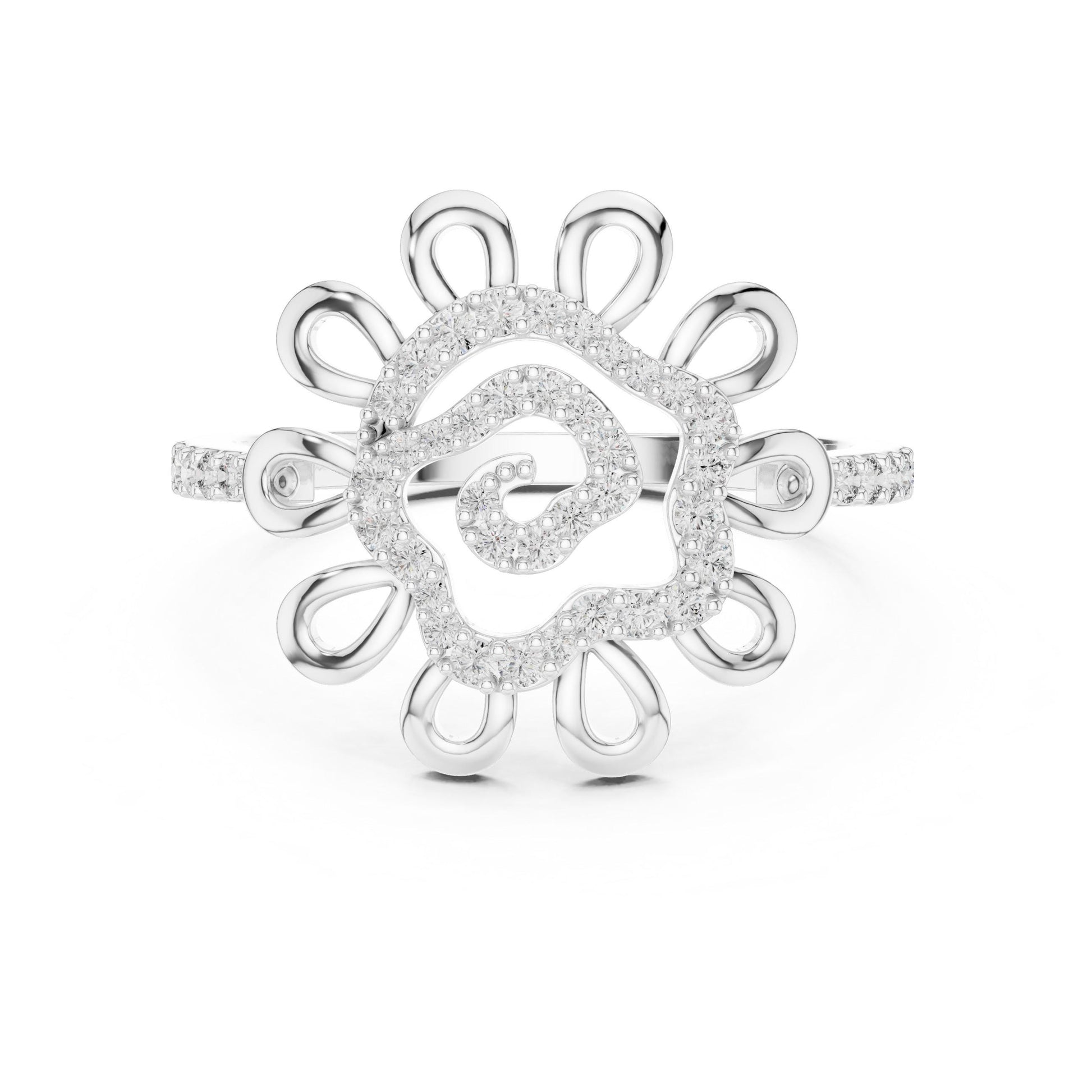 Vintage-inspired floral moissanite diamond statement ring by Riora featuring intricate flower design and elegant bridal jewelry style.