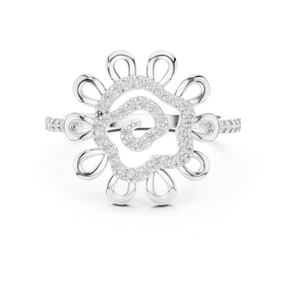 Vintage-inspired floral moissanite diamond statement ring by Riora featuring intricate flower design and elegant bridal jewelry style.