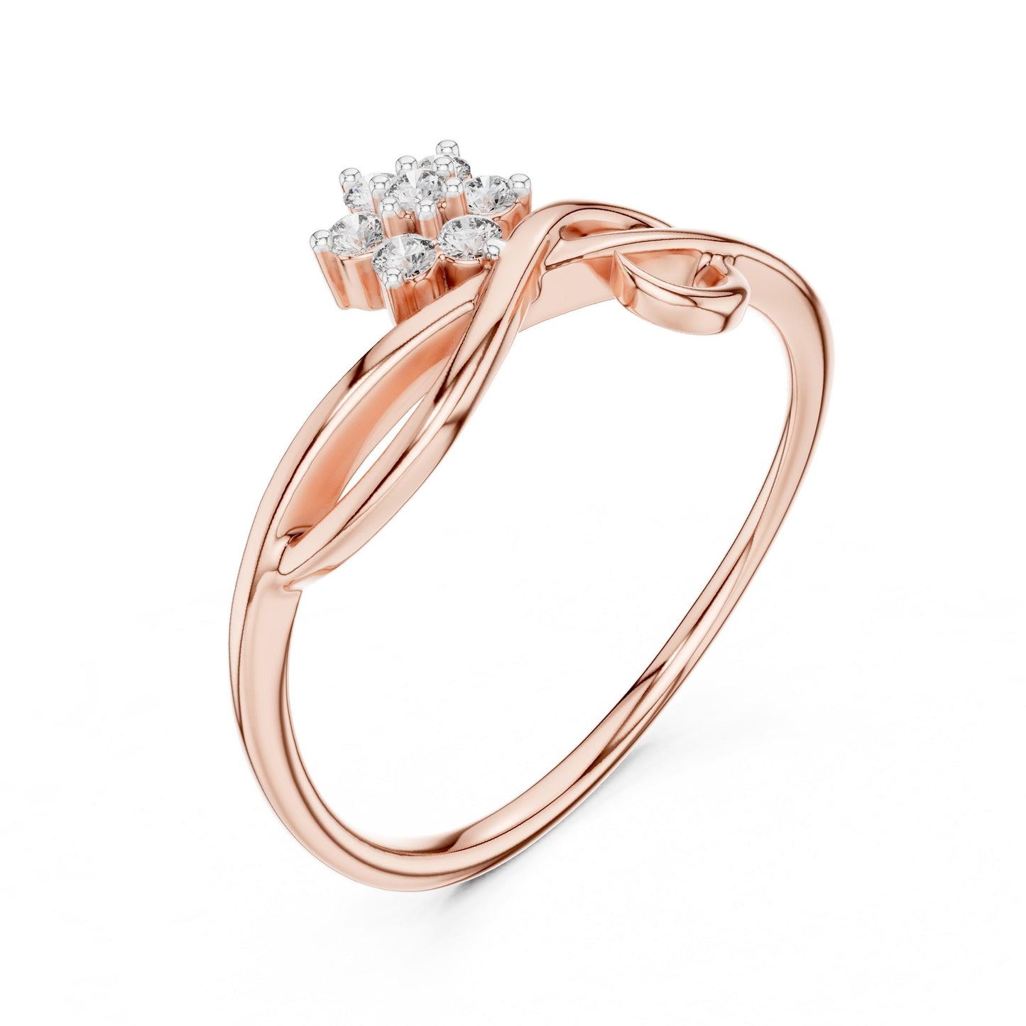 Riora Moissanite infinity flower ring with delicate floral diamond cluster, rose gold and silver band, minimalist and elegant design