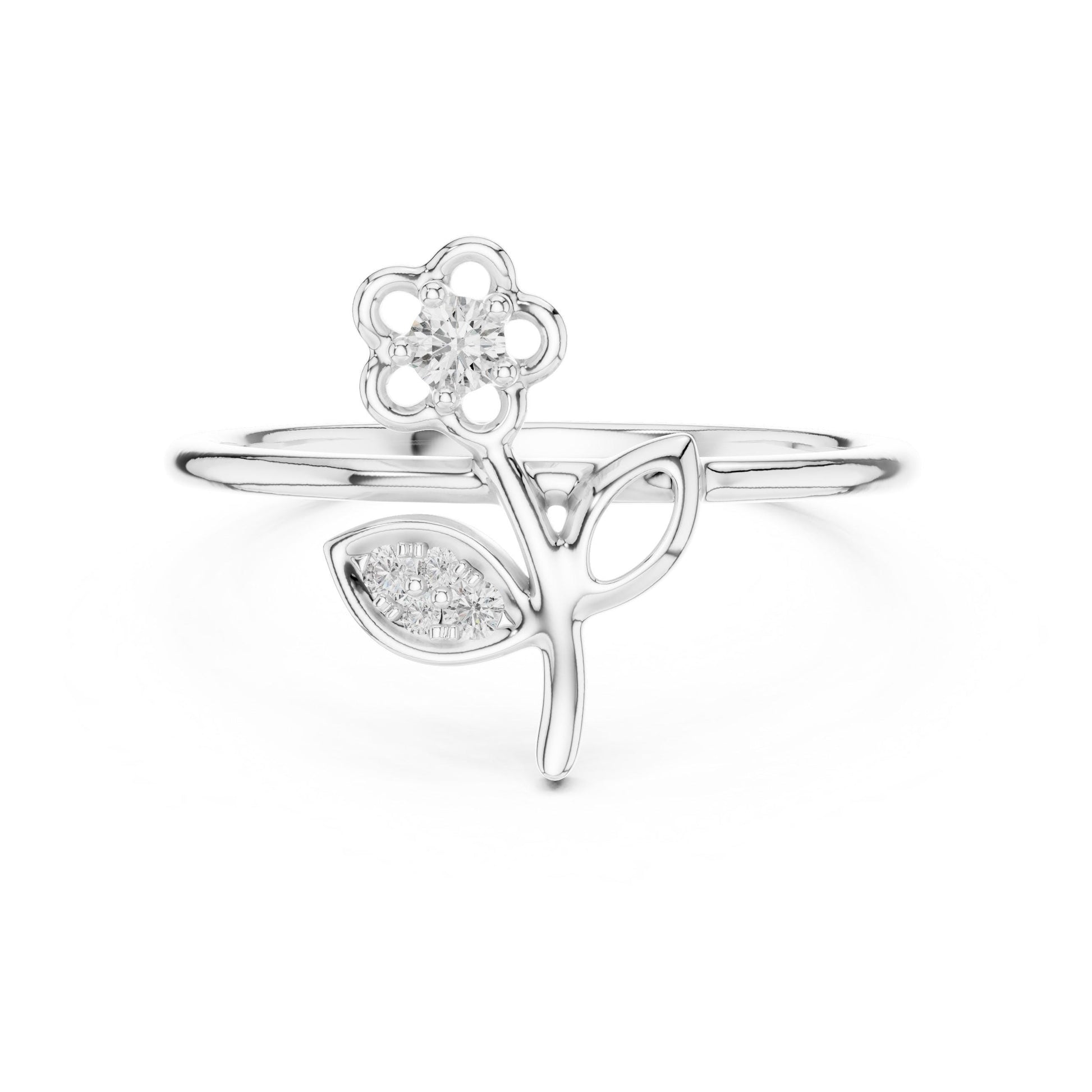 Riora Moissanite flower ring with floral design, rose gold band featuring minimalist botanical motif, perfect for engagement or promise.