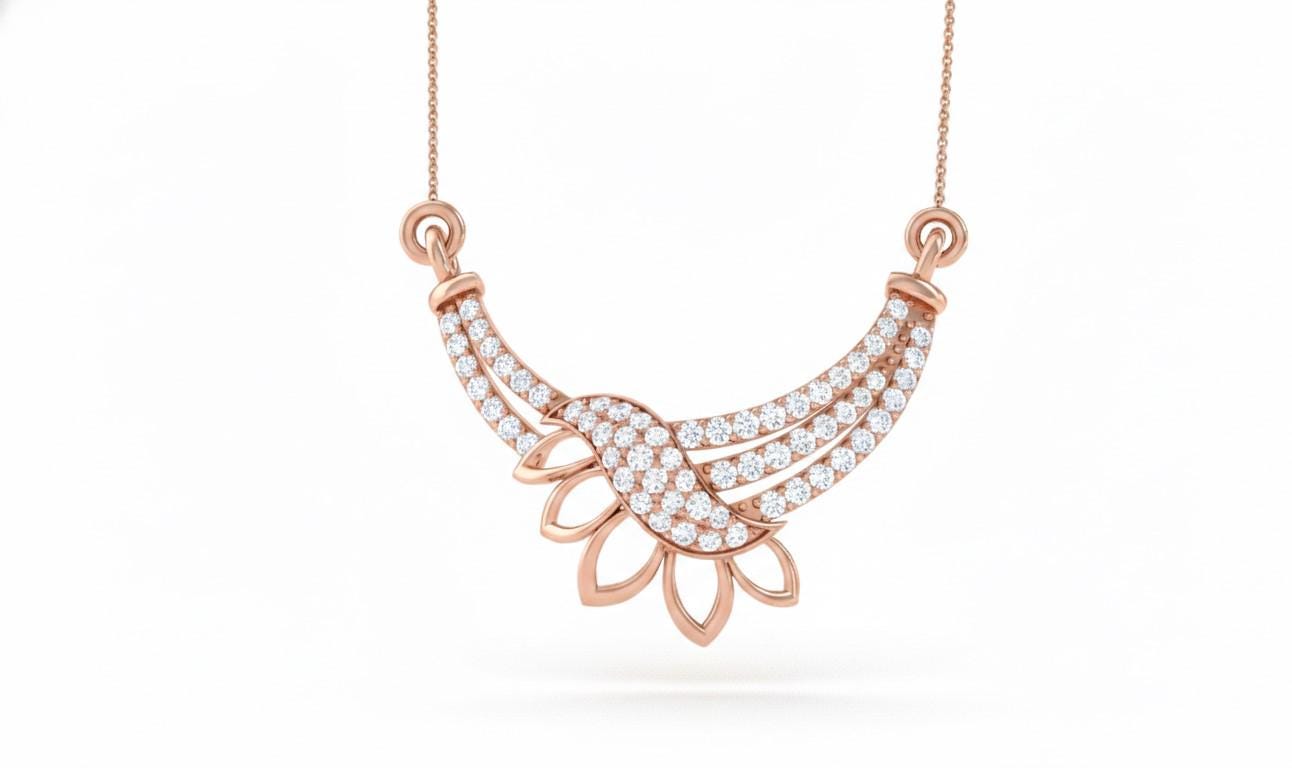 Rose gold floral pendant necklace with sparkling moissanite diamonds, elegant bridal jewelry by Riora, perfect for special occasions