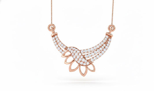 Rose gold floral pendant necklace with sparkling moissanite diamonds, elegant bridal jewelry by Riora, perfect for special occasions