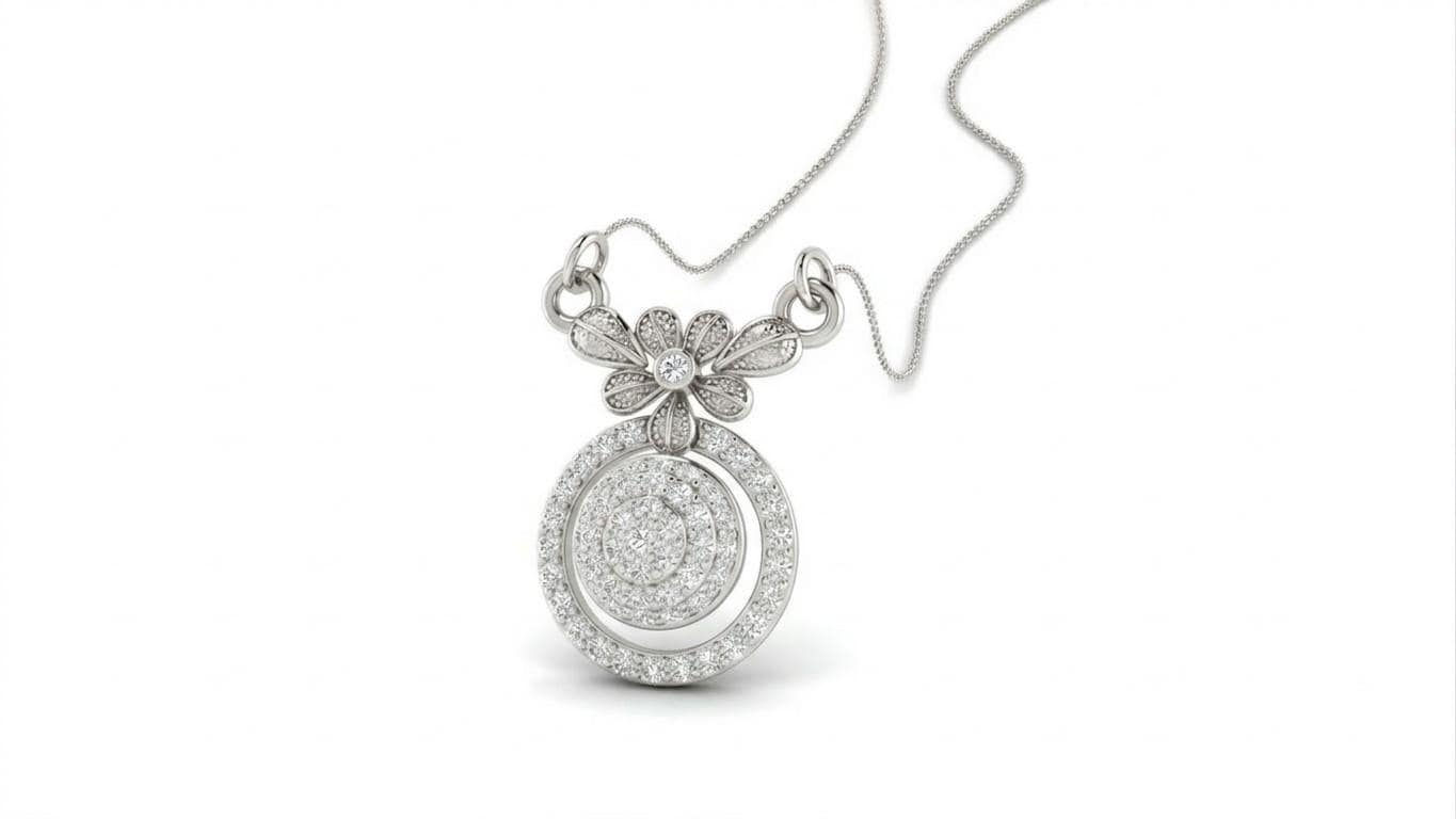 Riora moissanite floral halo pendant necklace in rose gold with adjustable chain, elegant bridal jewelry with floral design.