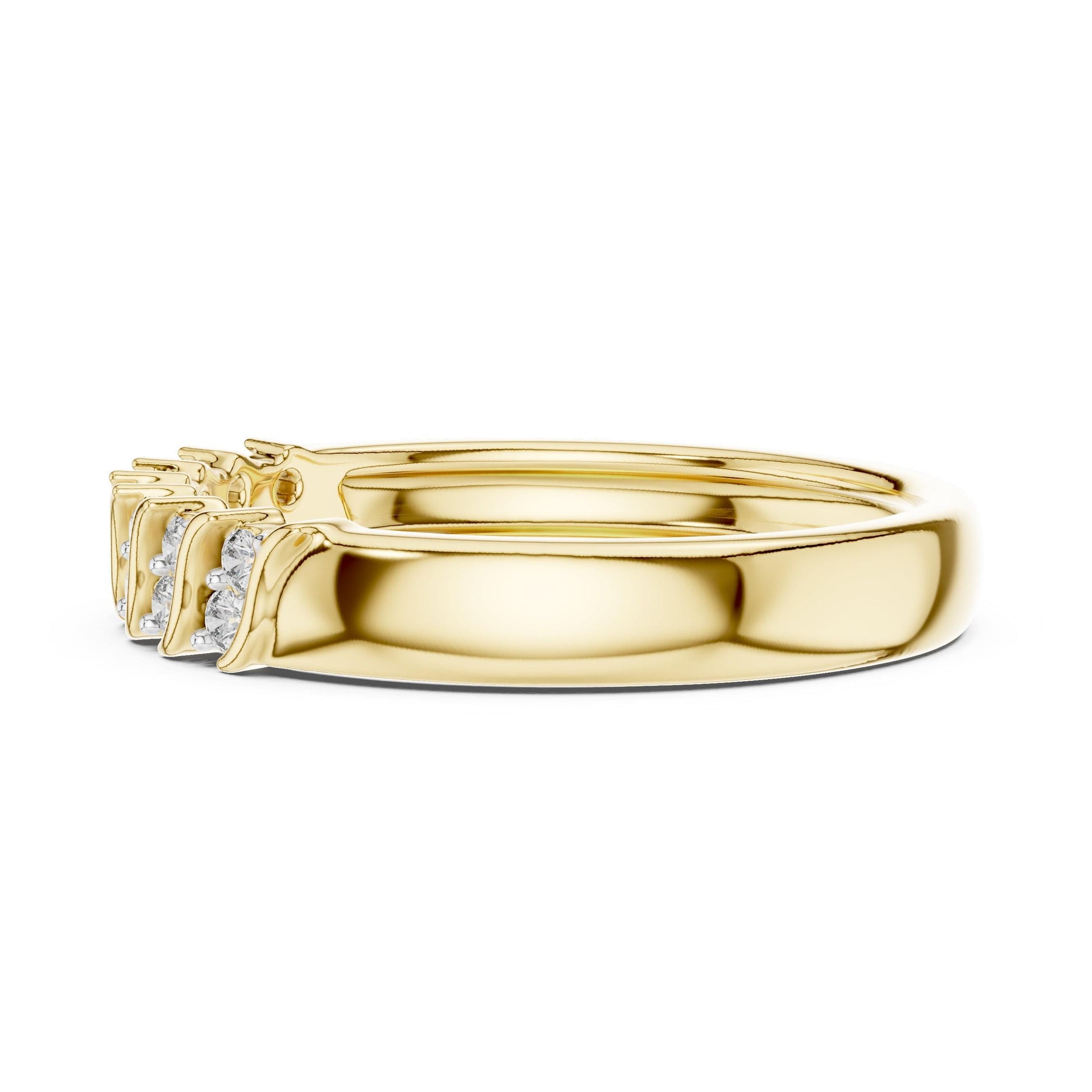 Riora moissanite curved diamond wave wedding band in rose gold and silver with half eternity design and sparkling stones.