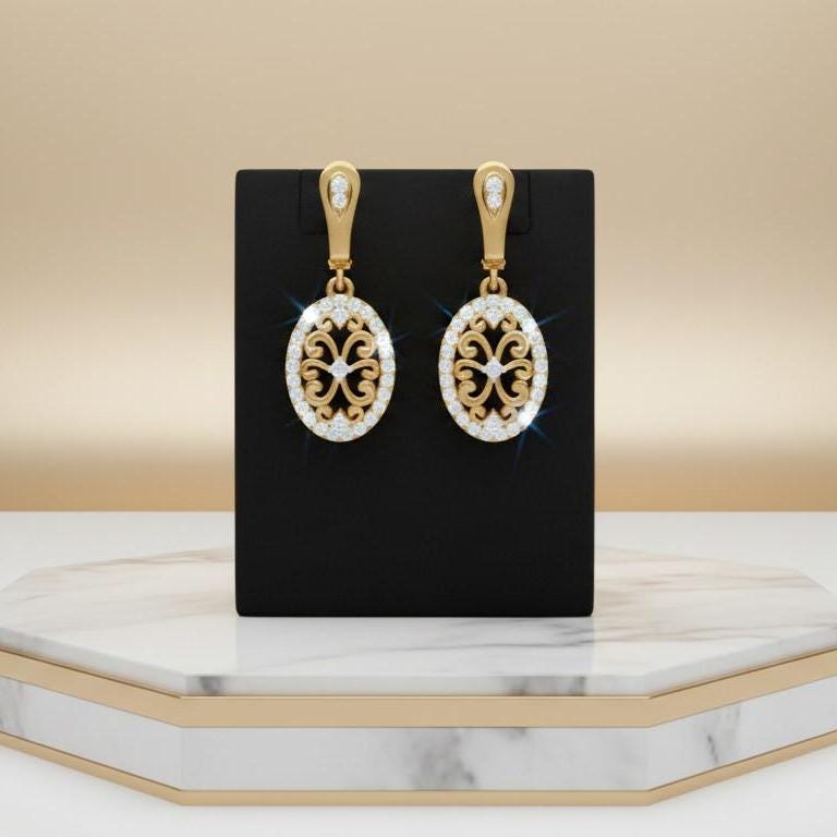 Moissanite Oval Drop Stud Earrings | Hypoallergenic Filigree Dangle Earrings | Gold, Rose Gold & Silver | Riora