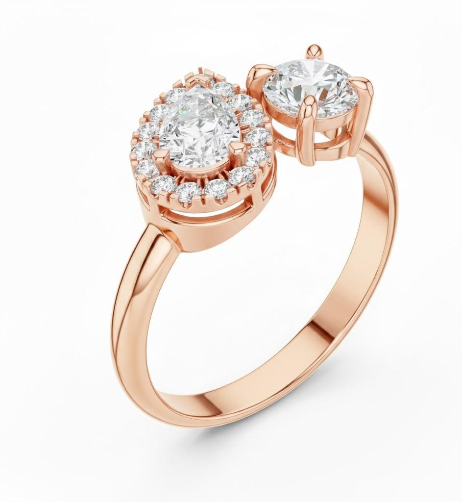 Two Stone CZ Ring | Pear & Round Halo | Gold, Rose Gold & Silver