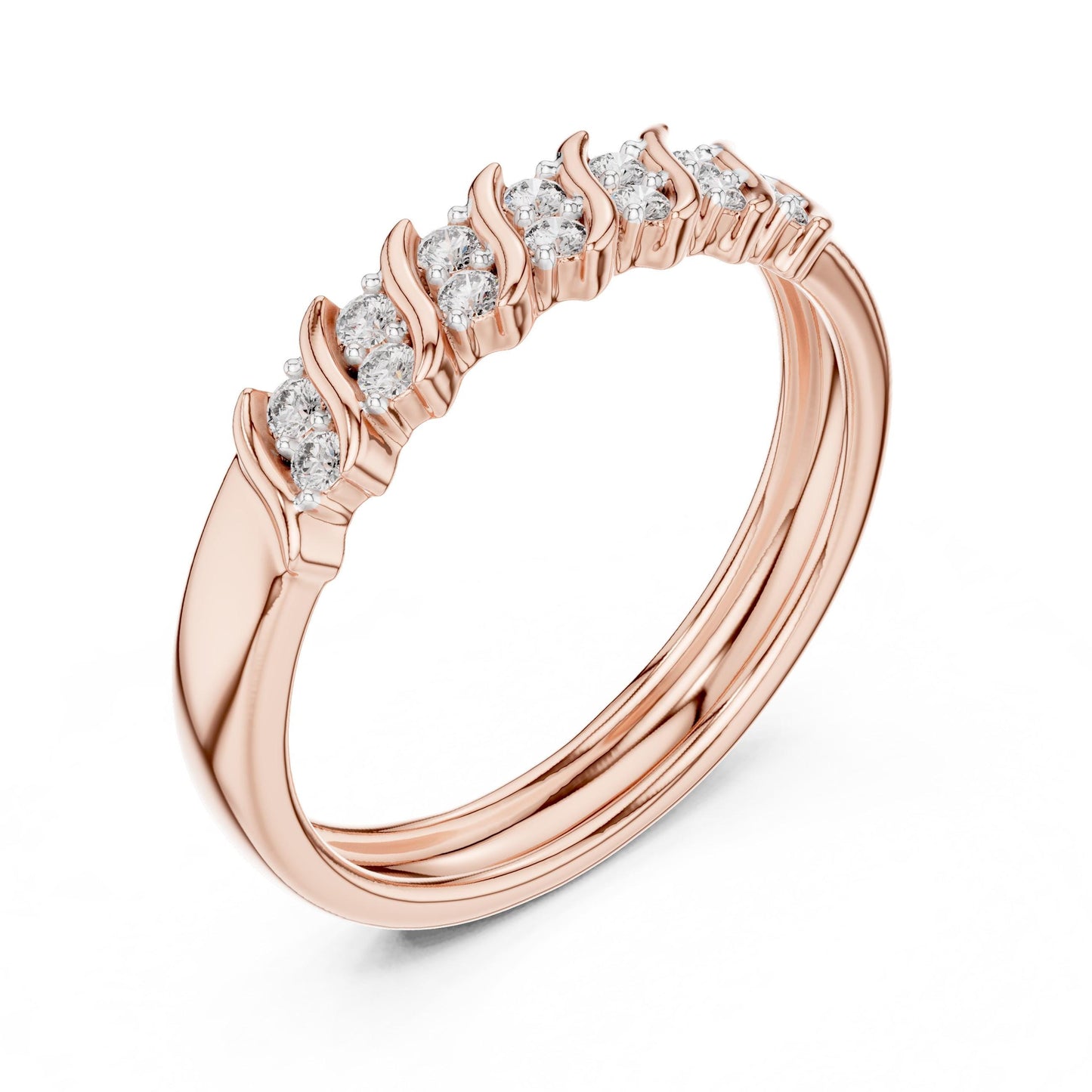 Riora moissanite curved diamond wave wedding band in rose gold and silver with half eternity design, sparkling and elegant.