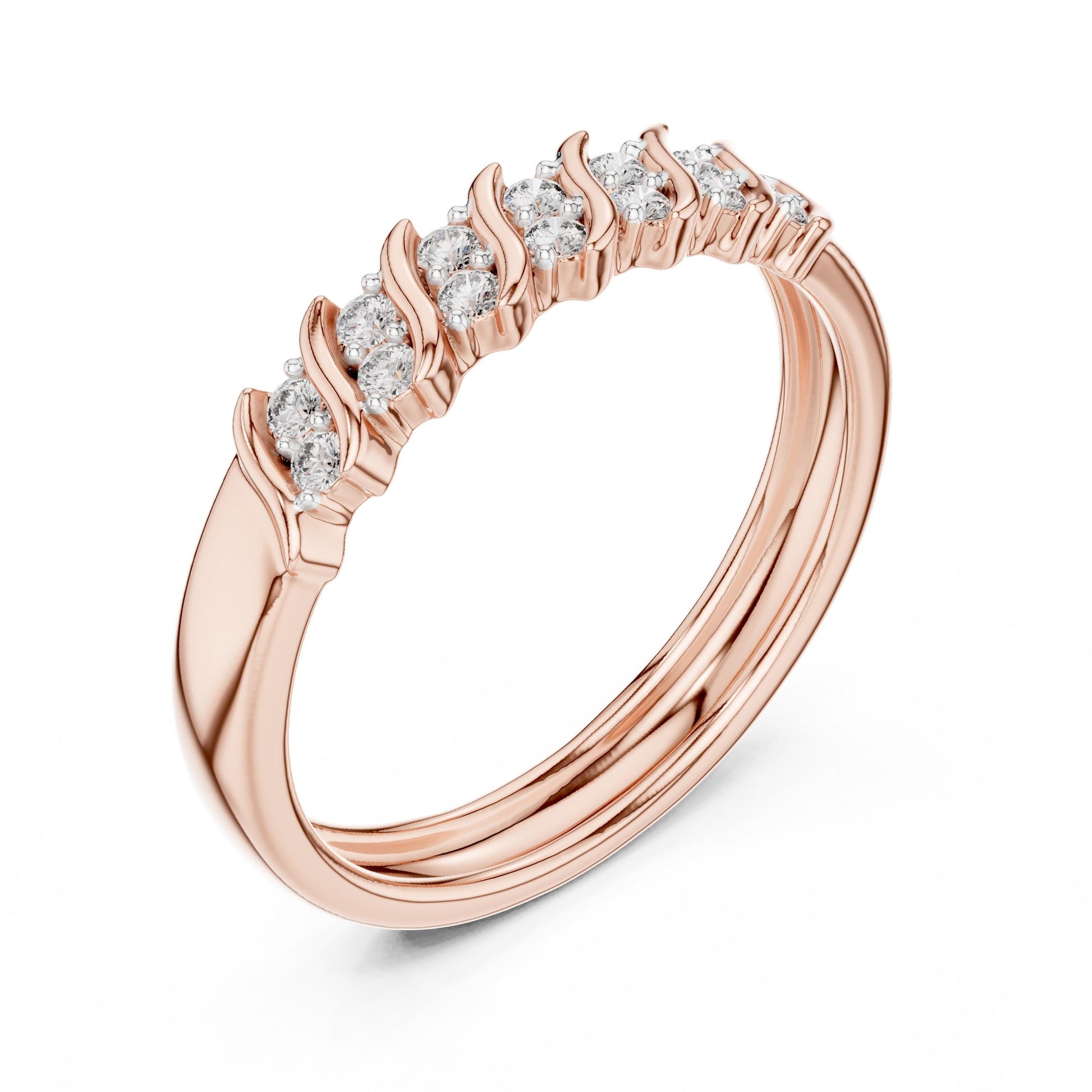 Riora moissanite curved diamond wave wedding band in rose gold and silver with half eternity design, sparkling and elegant.