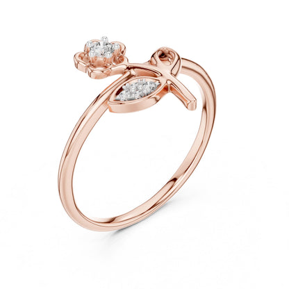Riora moissanite flower ring with rose gold band featuring a floral design and minimalist botanical style for engagement or promise.