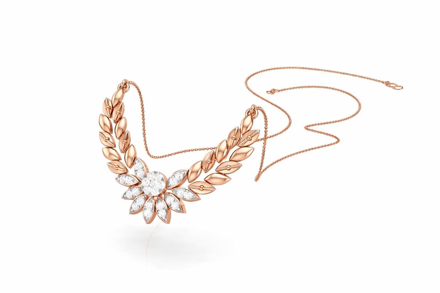 Riora Moissanite Laurel Leaf Necklace in gold and rose gold with minimalist diamond-style pendant, ideal for bridal jewelry.