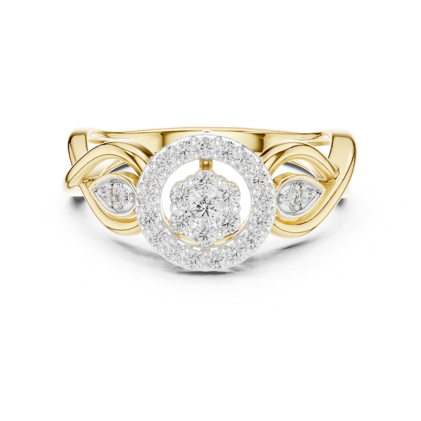 Silver Halo CZ engagement ring with floral cluster design, featuring a promise band and statement jewelry style for women by Riora.