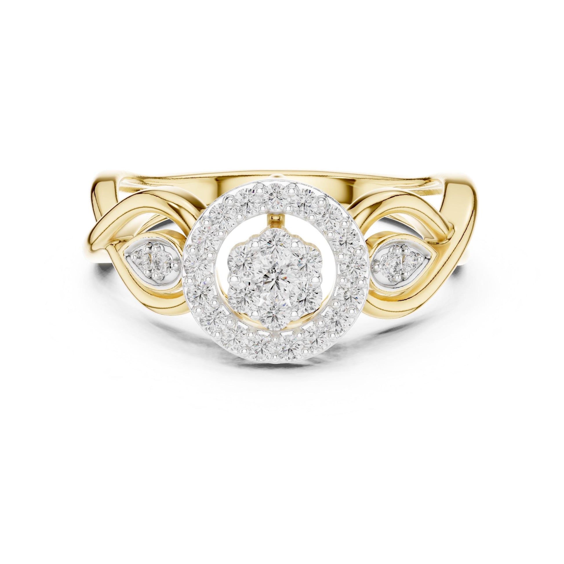 Silver Halo CZ engagement ring with floral cluster design, featuring a promise band and statement jewelry style for women by Riora.