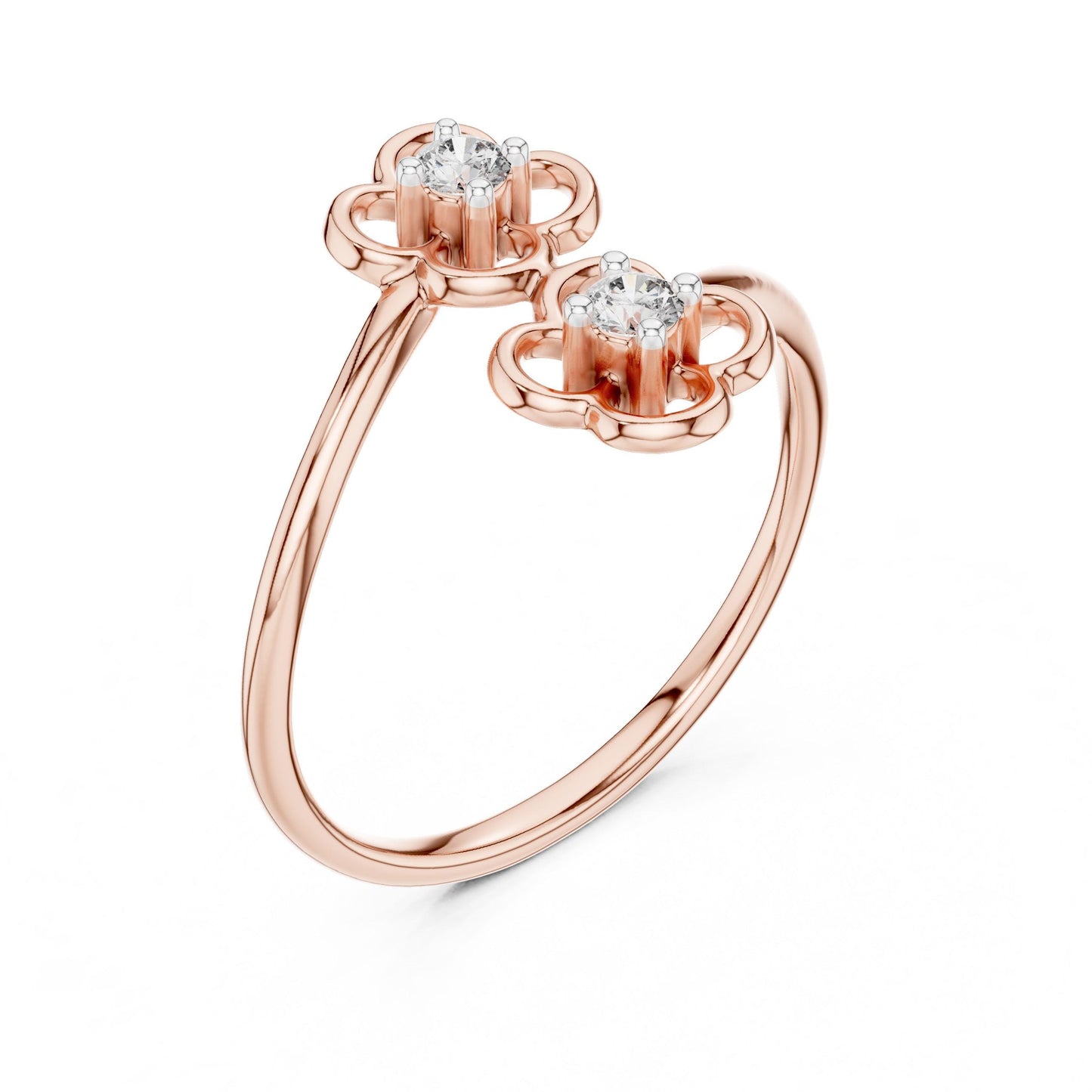 Riora Moissanite double flower ring with open floral design, rose gold band, minimalist stackable style, featuring diamond accents.