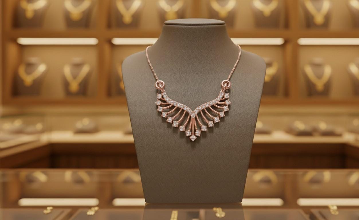 Necklace on a mannequin bust with a jewelry store display in the background