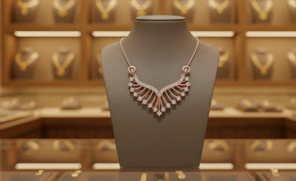 Necklace on a mannequin bust with a jewelry store display in the background