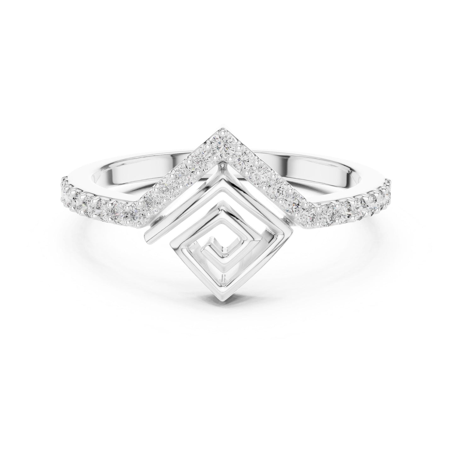 Rose gold geometric moissanite chevron ring with minimalist design, perfect for stacking or wedding band, by Riora.