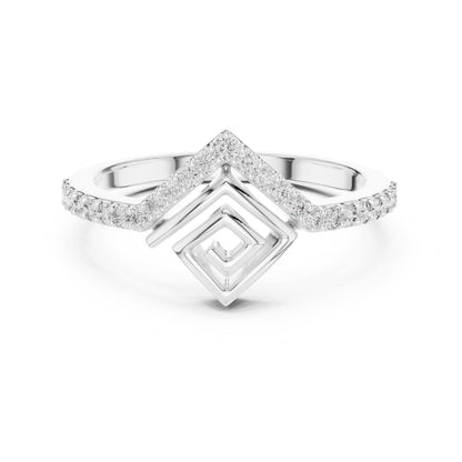 Rose gold geometric moissanite chevron ring with minimalist design, perfect for stacking or wedding band, by Riora.
