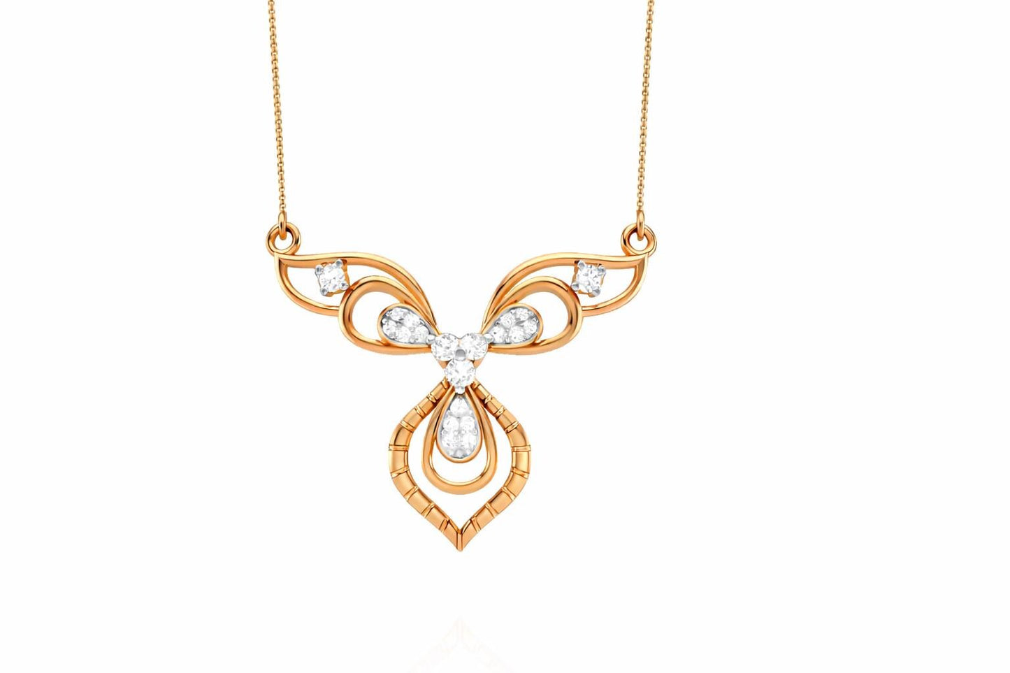 Riora rose gold moissanite butterfly necklace with elegant bridal pendant, minimalist luxury jewelry for women.