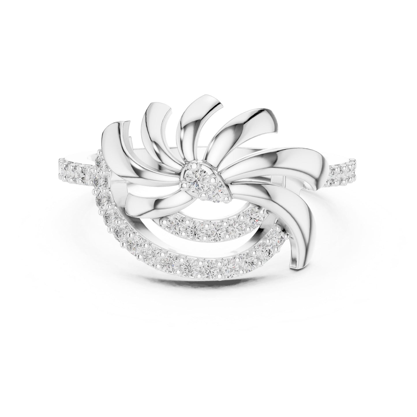 Rose gold floral swirl moissanite diamond ring with vintage leaf design, perfect for engagement or promise occasions.