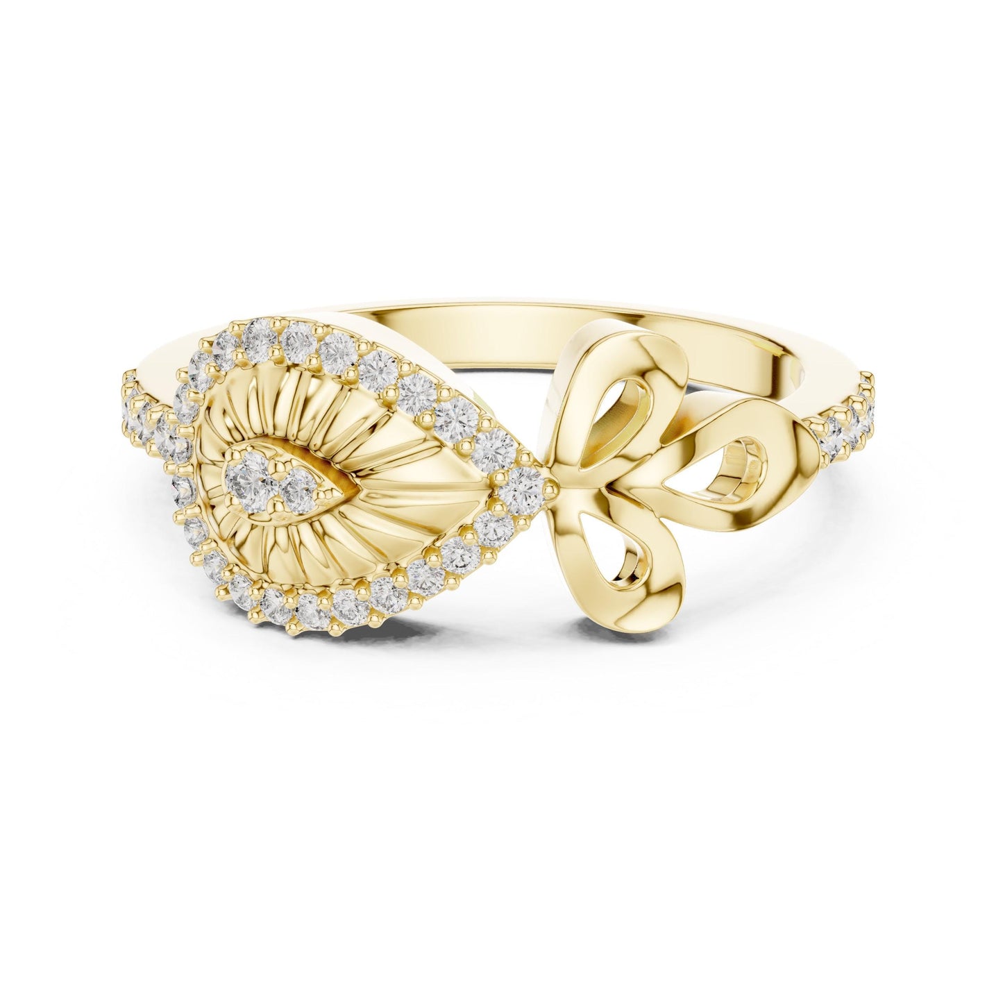Vintage eye-shaped bow ring by Riora featuring moissanite and diamond accents, dainty evil band for women’s jewelry.