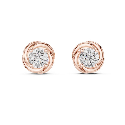 Riora moissanite diamond stud earrings in rose gold and silver, minimalist bridal jewelry with tiny sparkling stones.