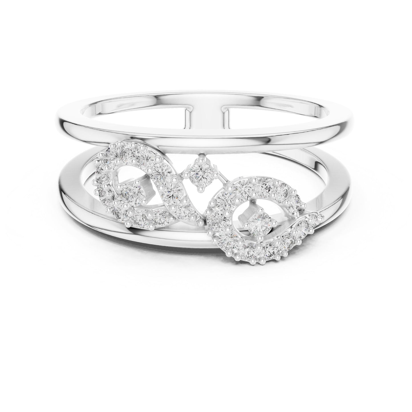 Riora Infinity Halo Moissanite diamond ring in gold and rose gold with a dainty engagement band and bridal promise design.